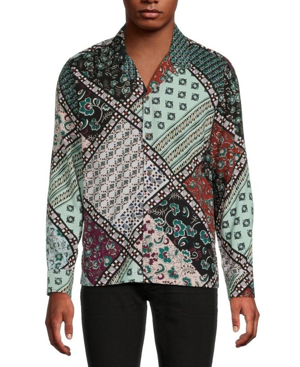 $195 NWT RAGA Floral Geometric Print Camp Long Sleeve Front Button Mint Shirt S